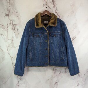 Vintage Y2K Denim Jacket Women Large Faux Fur Trim Crop Penny Lane Coat Mob